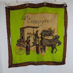 Holly Hoelscher Silk Scarf Las Cienegas Horse Carriage Green Brown Arizona Vtg